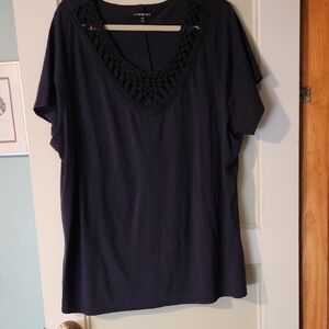 Lane Bryant Navy Crochet-Trim V-Neck Short Sleeve Tee